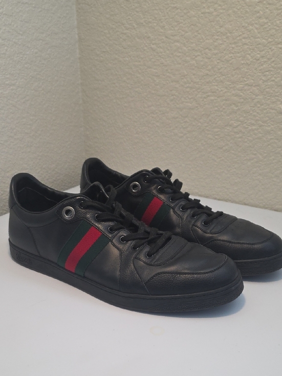 Gucci Other - Gucci Black Leather Men's Sneakers with Green & Red Stripe Size 12